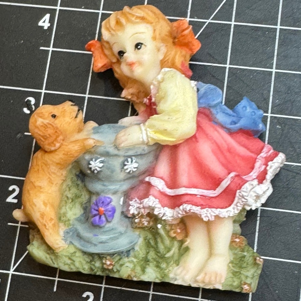 Vintage Girl with Puppy and Birdbath Resin 3D Refrigerator Magnet Pink Dress